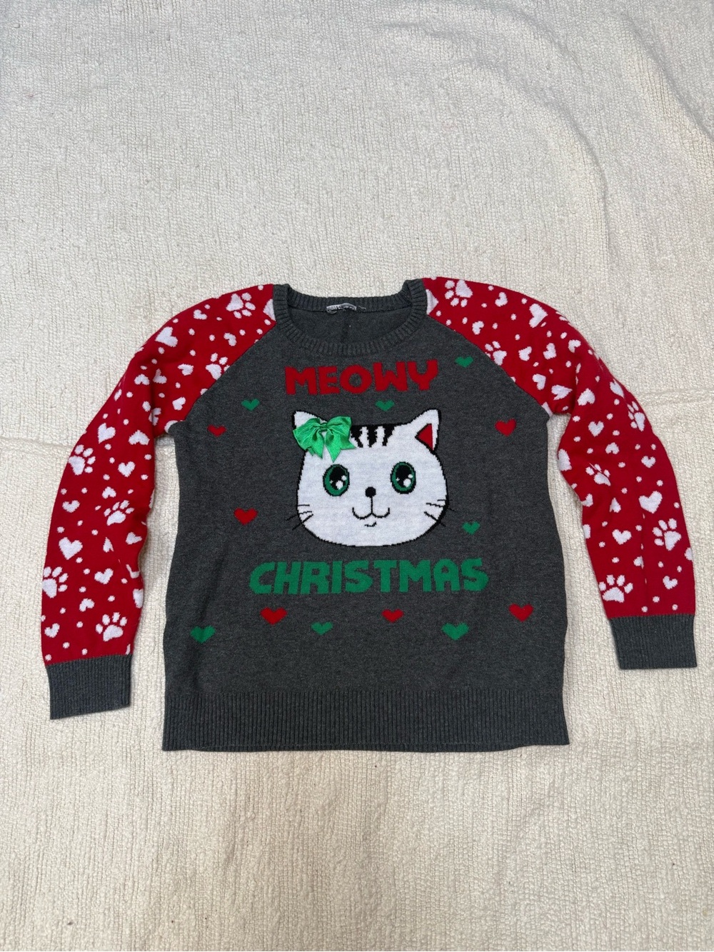 Kids Meowy Christmas Cat Knit Pullover Sweater Crew Neck Long Sleeve Small